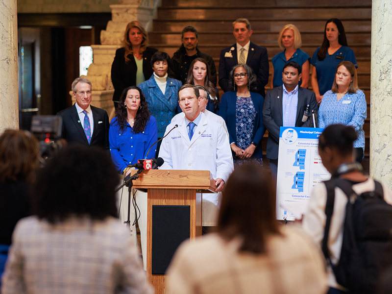 Dr. Shannon Orr shares the 2024 findings of the Mississippi Colorectal Center Roundtable during an announcement at the Mississippi Legislature.